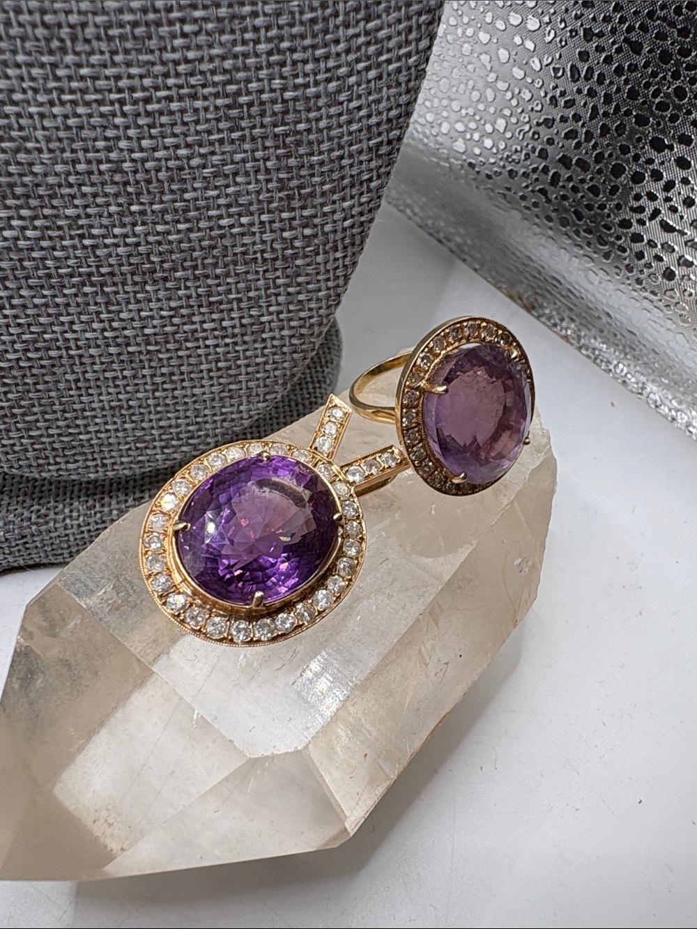 14 kt Gold Pendant & Ring Amethyst/Diamonds
